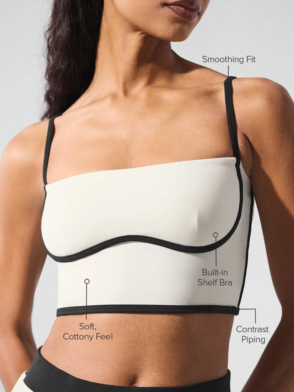 ALO Yoga Airbrush streamlined Bra tank Ivory with Black Piping